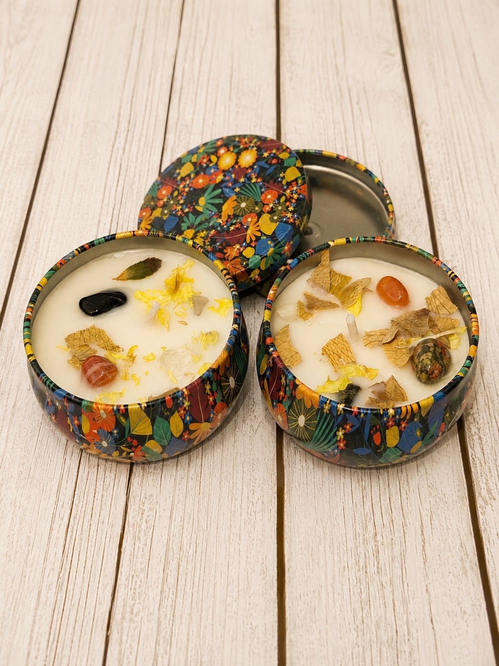 2 Pc Scented Soy Candles In Colorful Floral Tins With Natural Gemstones
